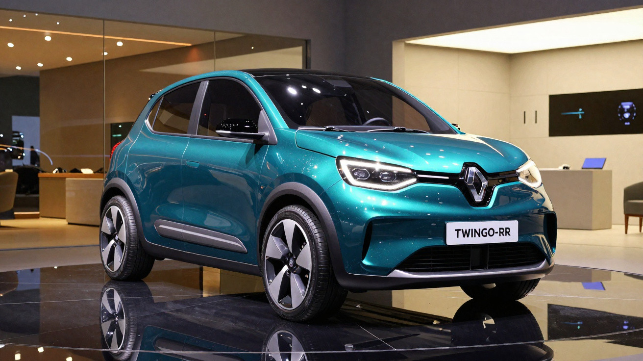 Carro elétrico Renault Twingo RR verde exibido em ambiente moderno com piso preto refletivo.