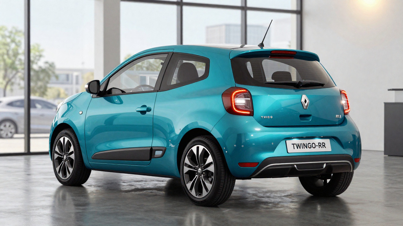 Carro compacto azul Renault Twingo estacionado em ambiente interno com janelas grandes ao fundo.