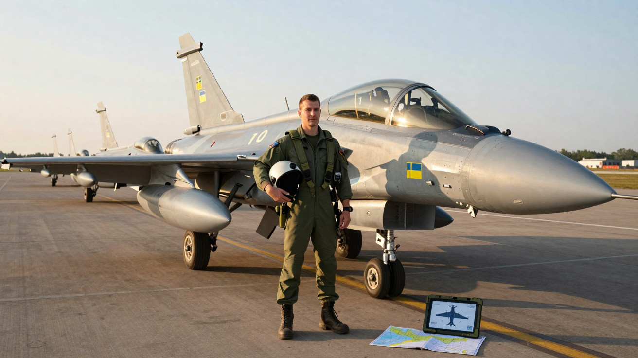 Piloto militar em uniforme verde posa ao lado de caça cinza estacionado em pista de aeroporto.