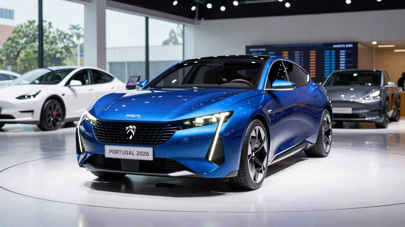 Carro elétrico azul com placa Portugal 2026 exibido em showroom com dois carros ao fundo.