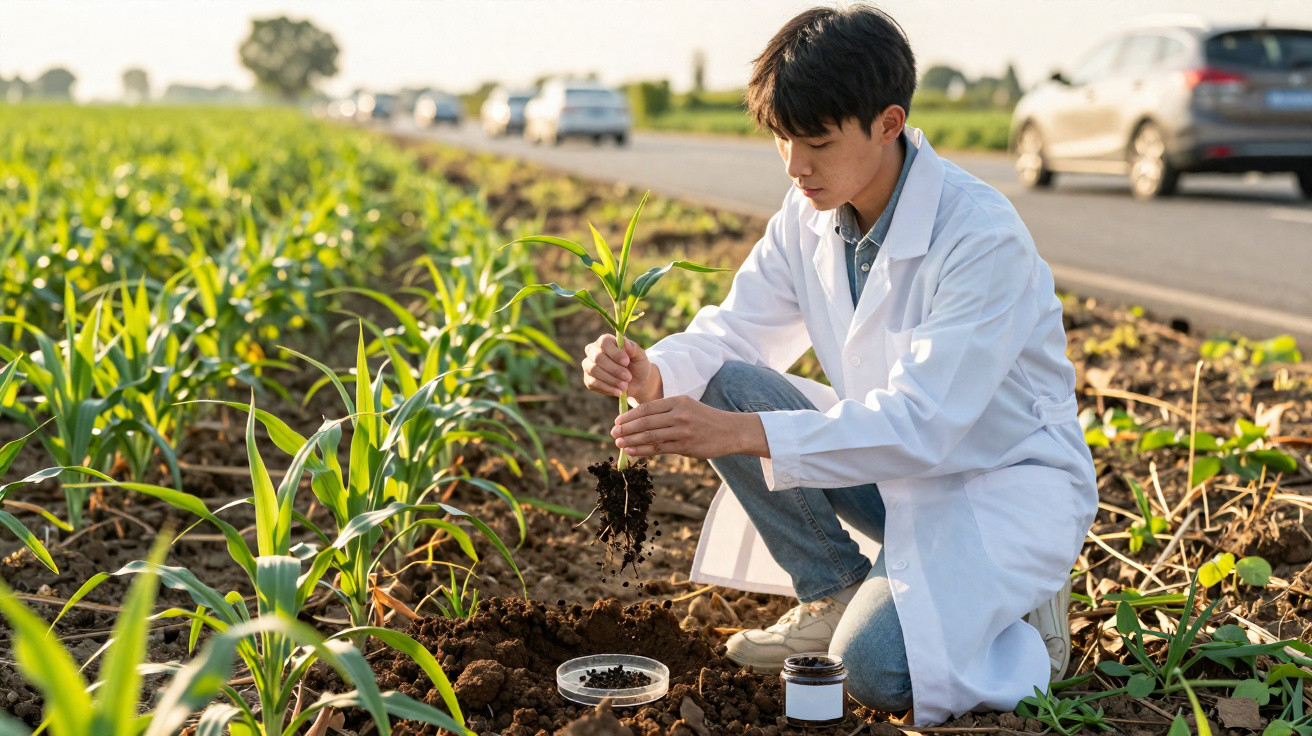 Jovem cientista em jaleco analisa planta na mão em plantação próxima à estrada com carros ao fundo.