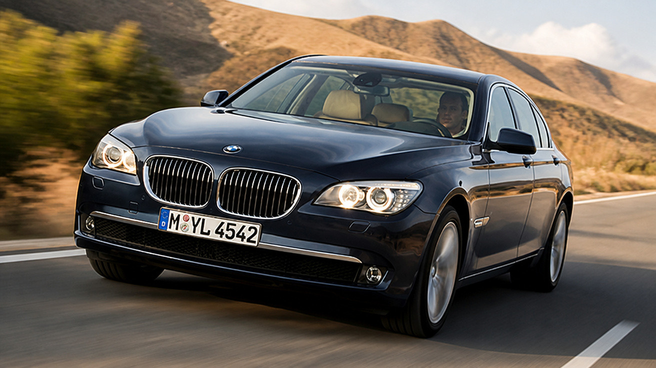 Carro BMW preto em estrada aberta com montanhas ao fundo durante o dia.
