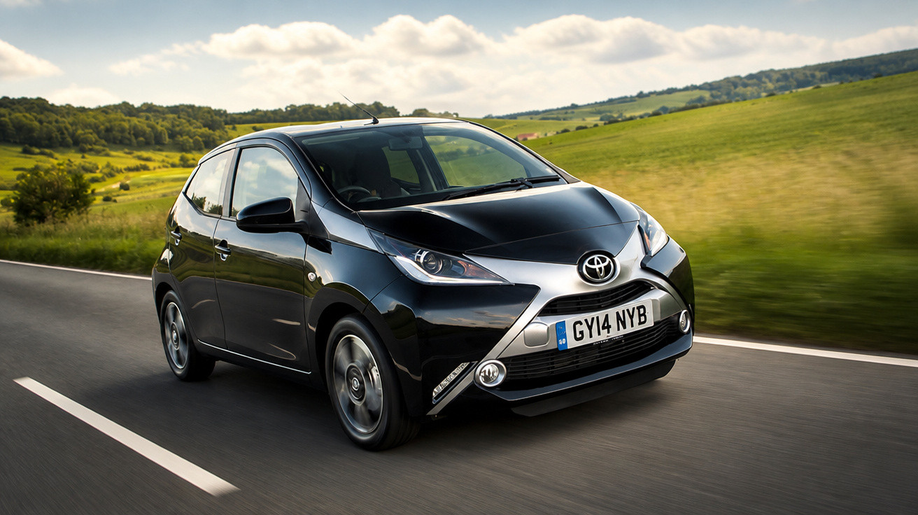Carro preto Toyota compacto em estrada rural com campos verdes ao redor em dia nublado