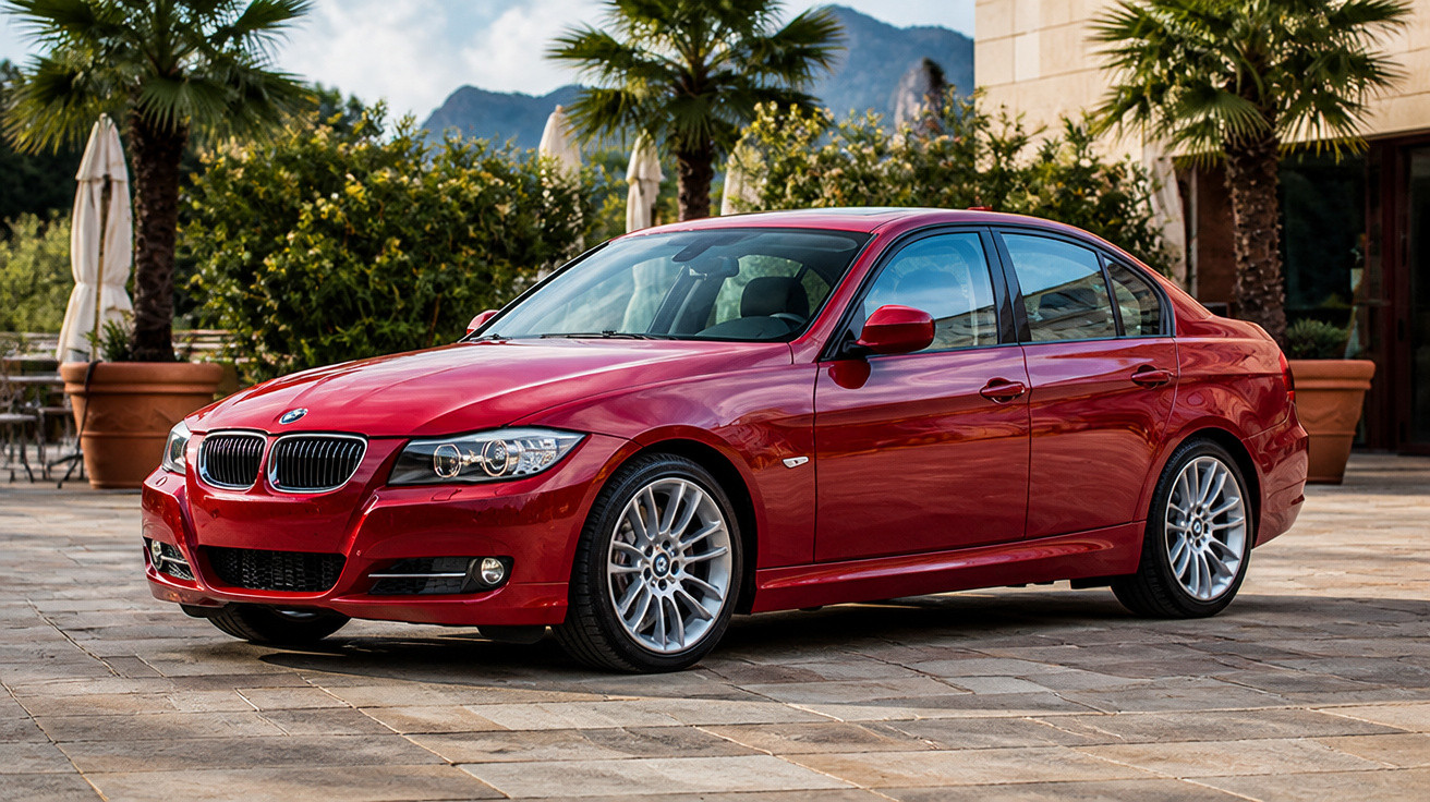 Carro sedan vermelho BMW estacionado em área externa com palmeiras ao fundo.