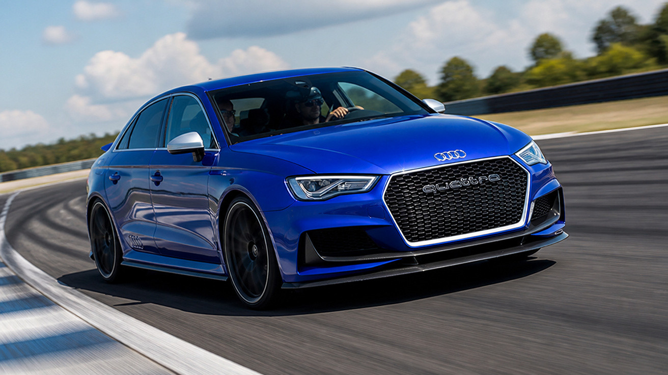 Carro esportivo Audi azul em alta velocidade fazendo curva em pista de corrida sob céu azul.