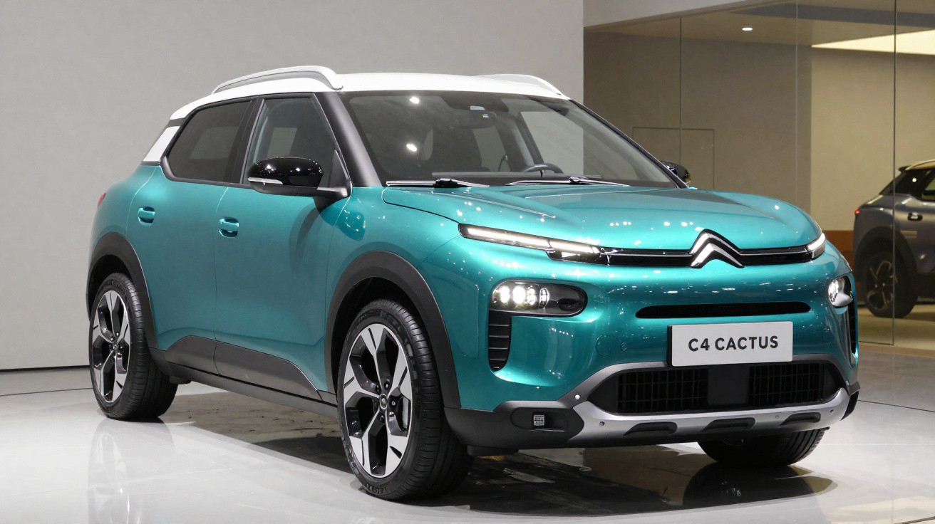 Carro Citroën C4 Cactus SUV verde com teto branco em ambiente interno iluminado.