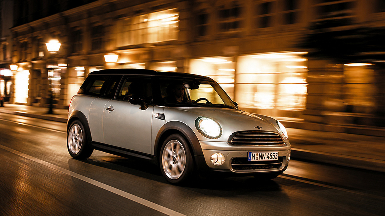 Carro Mini Cooper prata com teto preto em movimento à noite em rua iluminada da cidade.