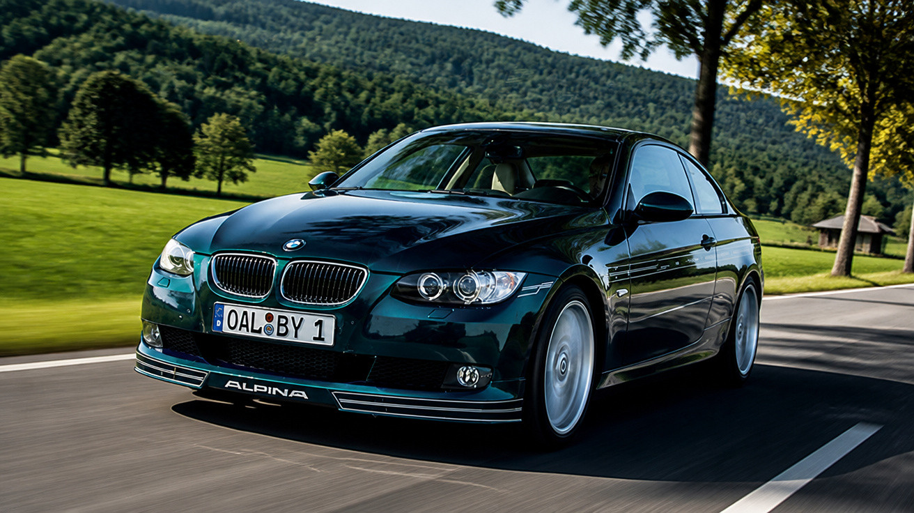 Carro BMW Alpina preto em movimento na estrada com árvores e colinas ao fundo em dia ensolarado.