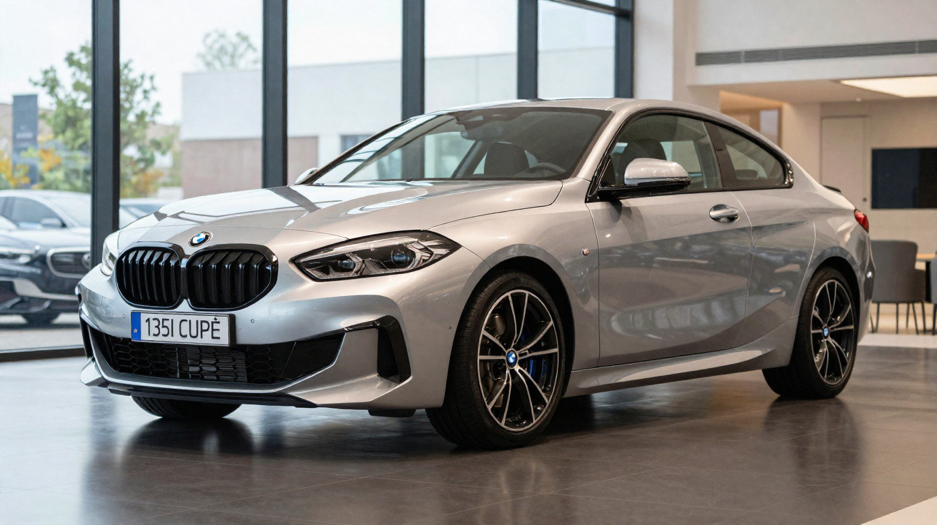 Carro BMW 135i cupê prata estacionado em showroom com piso refletivo e grandes janelas de vidro.
