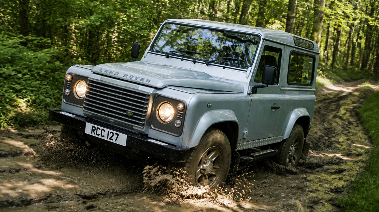 Carro Land Rover cinza dirigindo em terreno lamacento dentro de uma floresta verde.