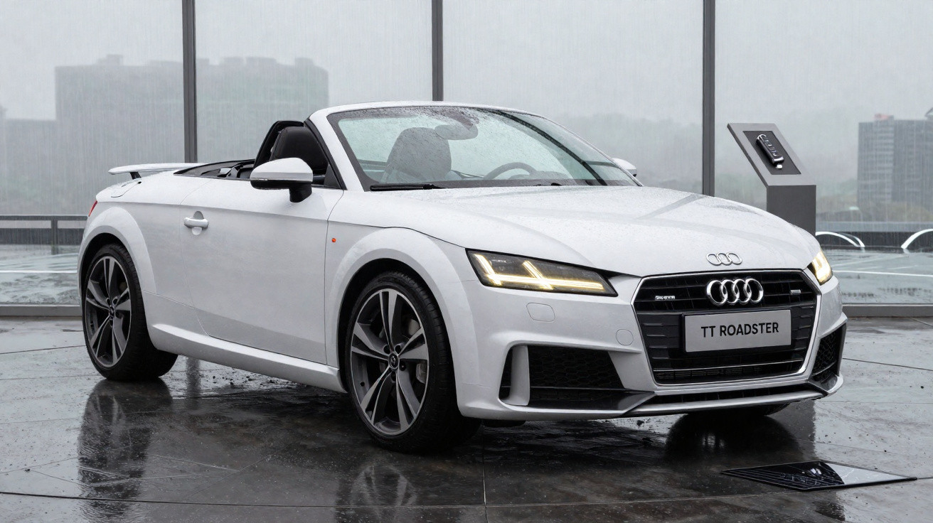 Audi TT Roadster branco conversível estacionado em piso molhado com fundo urbano em dia nublado.