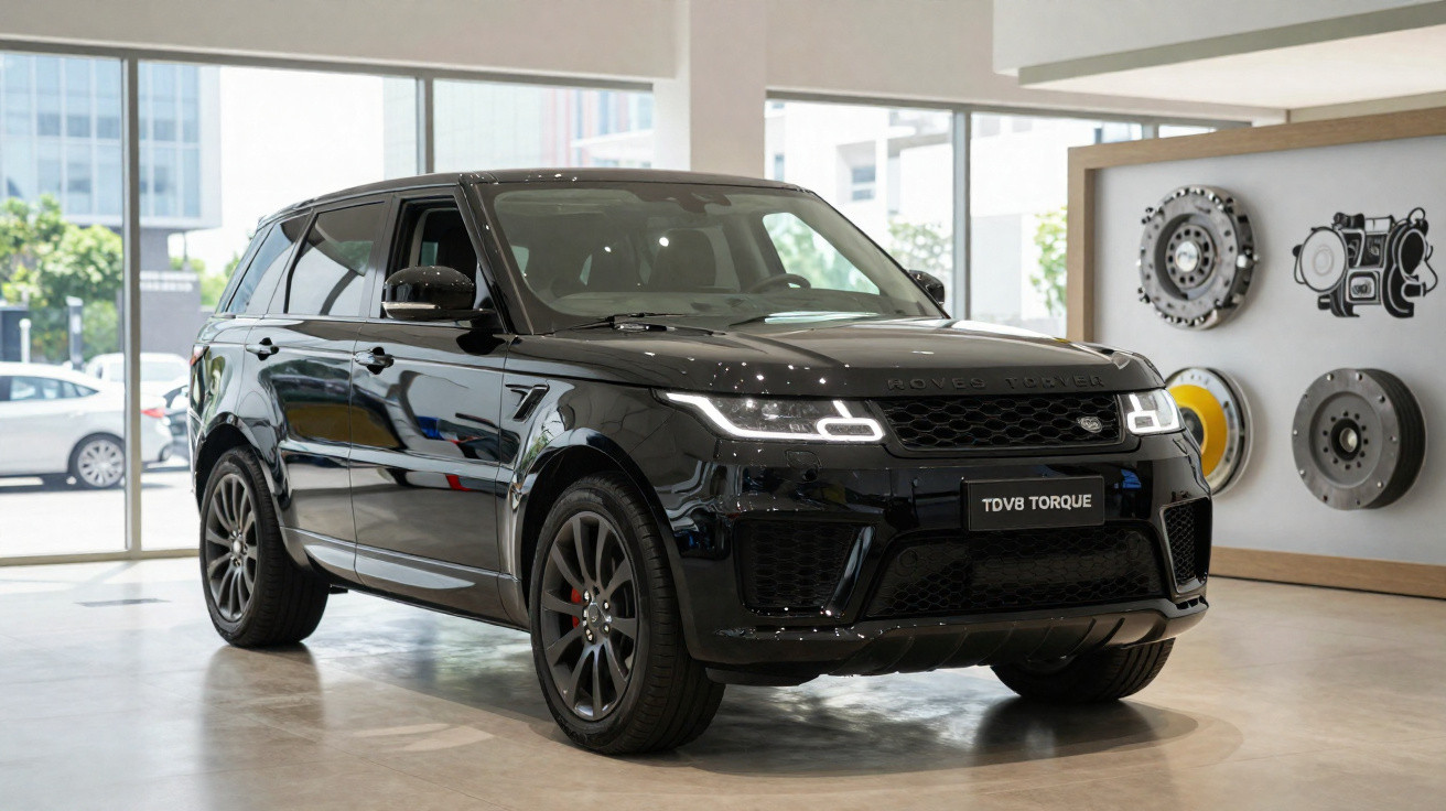 SUV preto Land Rover Range Rover TDV8 Torque exposto em showroom moderno, com luz natural.
