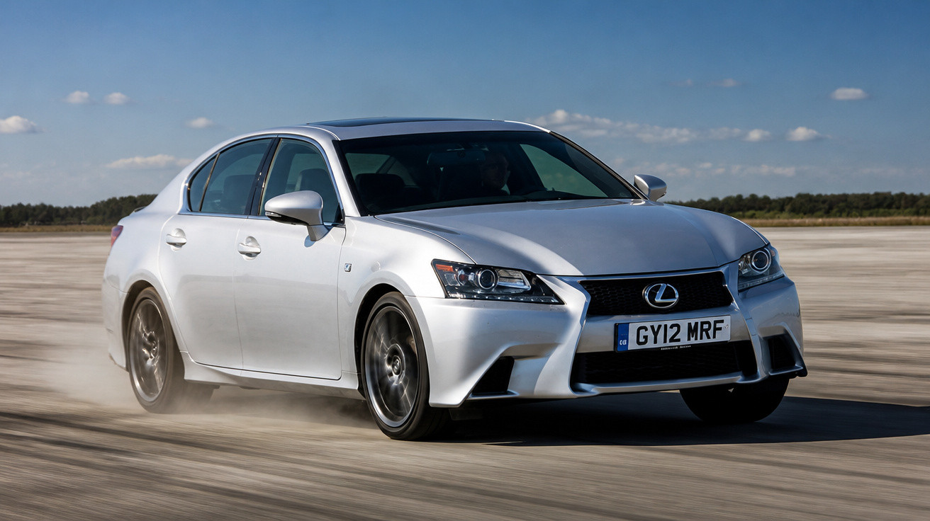 Carro Lexus prata em movimento em estrada aberta sob céu azul com poucas nuvens.
