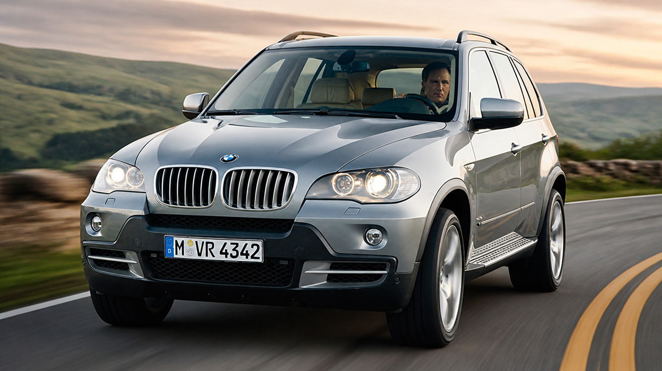 Carro BMW X5 prata em estrada sinuosa com motorista e paisagem montanhosa ao fundo.