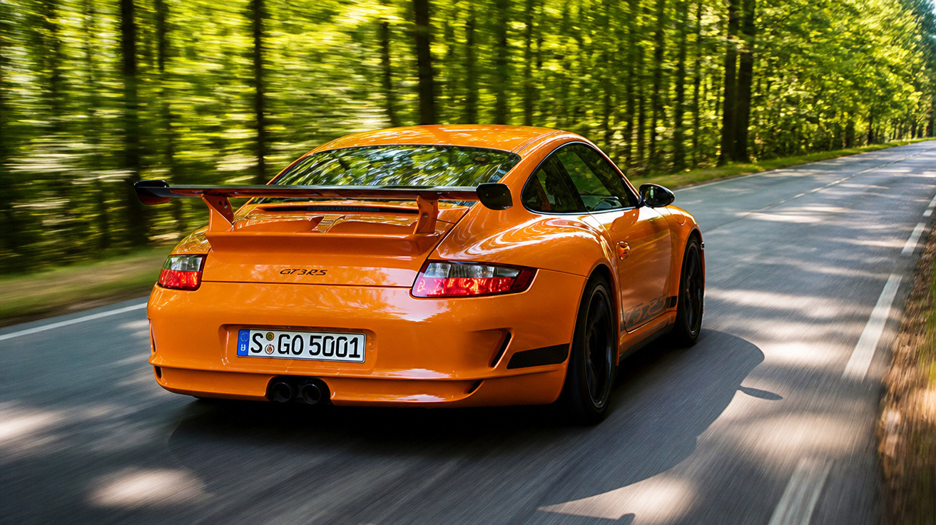 Carro esportivo laranja Porsche GT3 RS em estrada cercada por árvores em movimento.