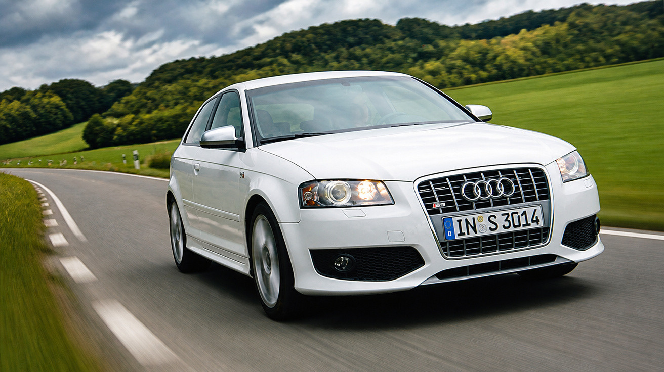 Carro Audi branco em movimento em estrada sinuosa com vegetação e céu nublado ao fundo.