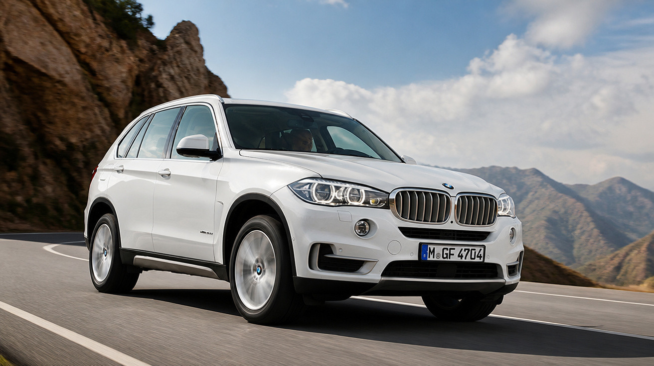 SUV branco BMW driving on a mountain road under a cloudy sky.