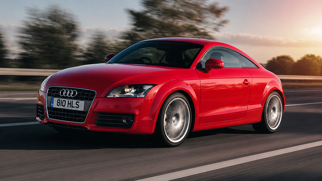 Carro esportivo Audi TT vermelho em alta velocidade na estrada ao pôr do sol.