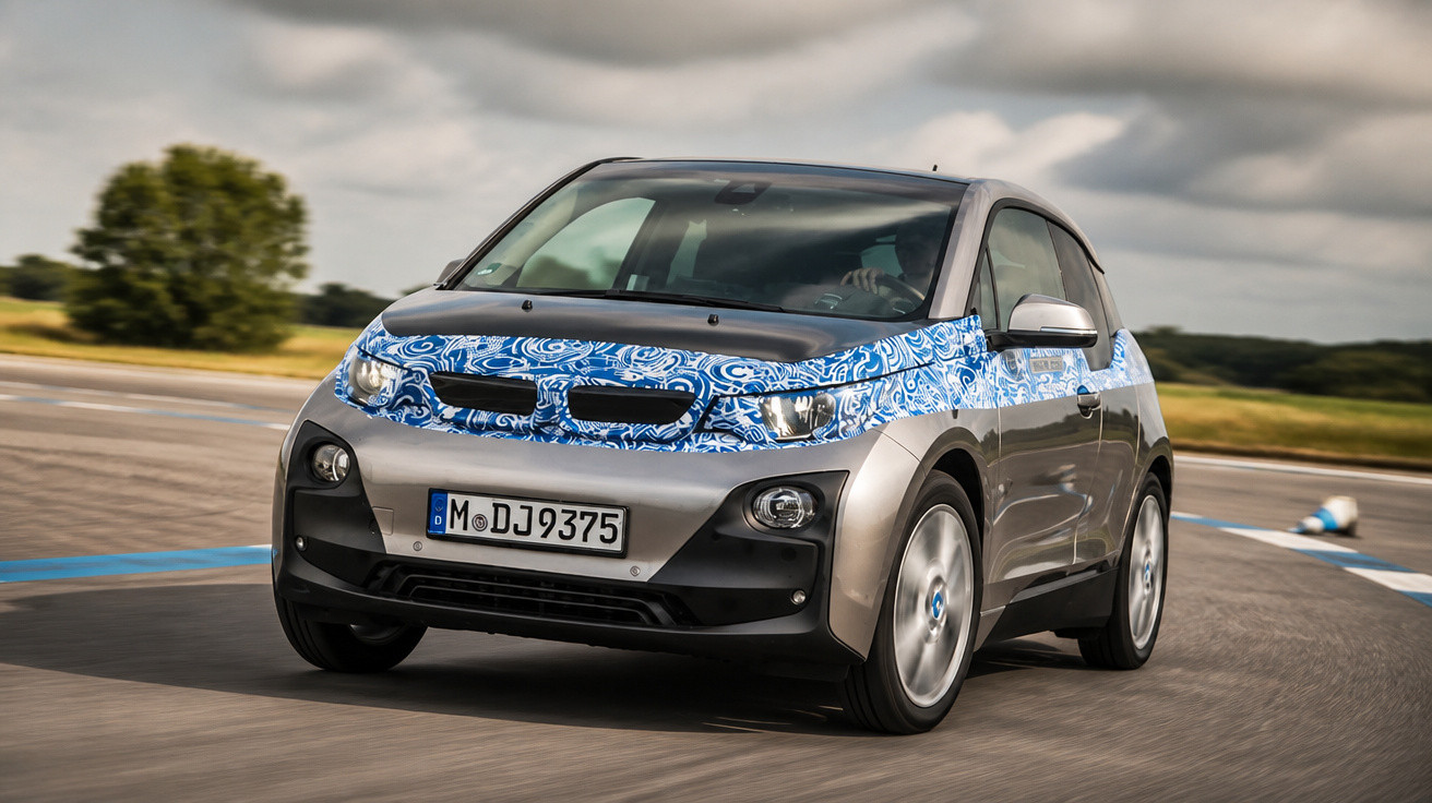 Carro compacto elétrico cinza em teste com faixa azul camuflada na frente e placa alemã em estrada.