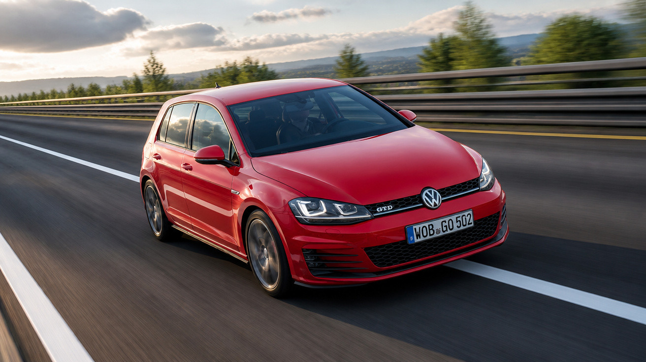 Carro vermelho Volkswagen Golf GTD em movimento rápido na estrada durante o dia.