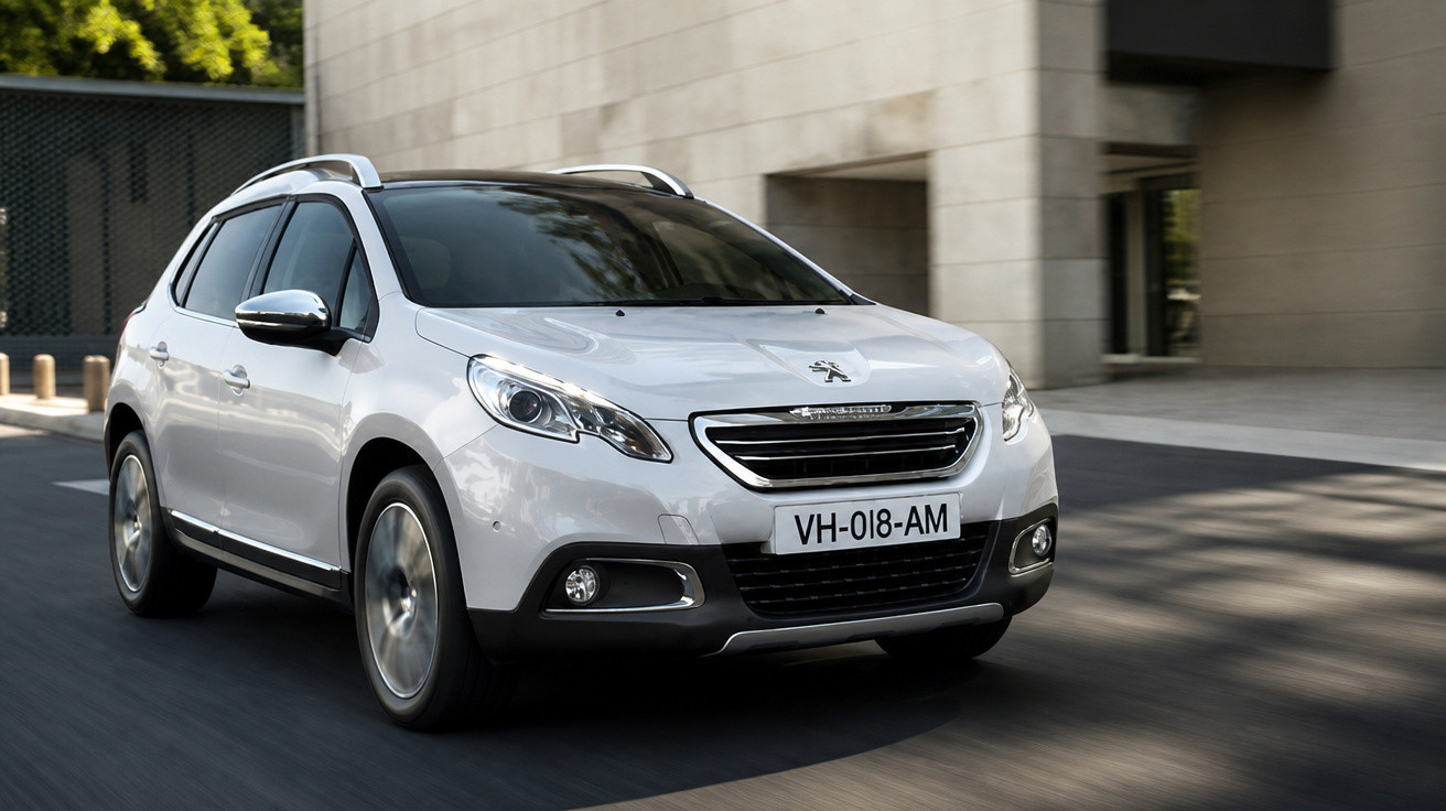 Carro SUV branco da Peugeot em movimento em rua urbana com edifícios ao fundo.