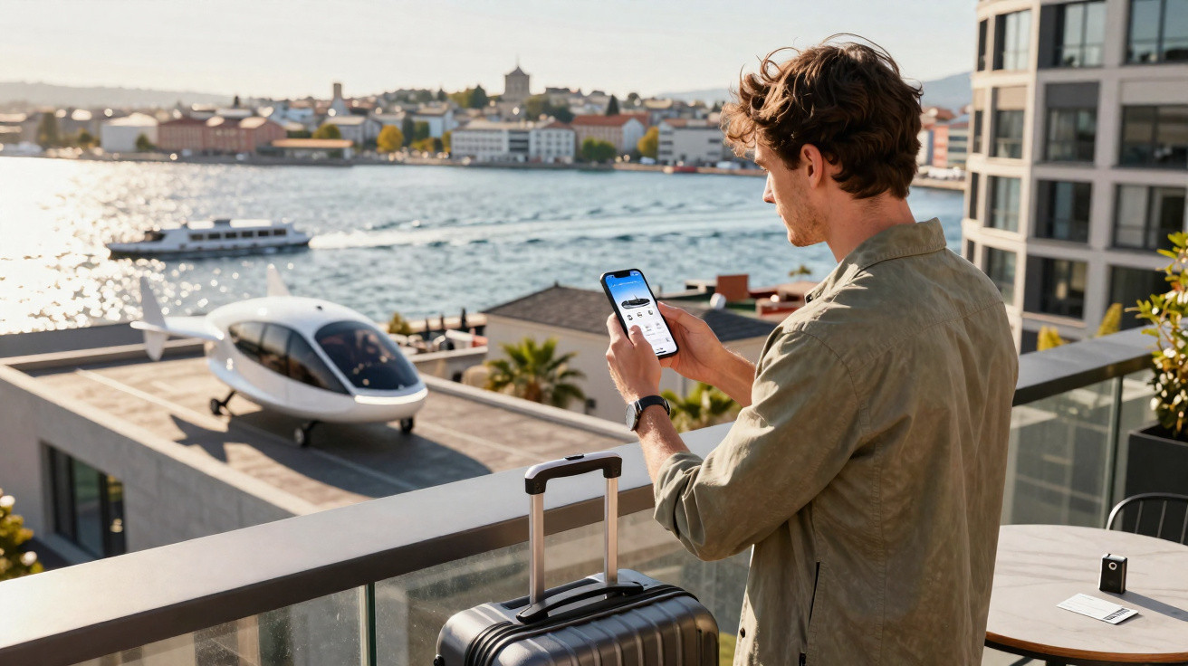 Homem com mala na varanda usando celular com sobrevoo de táxi aéreo em área urbana à beira-mar.