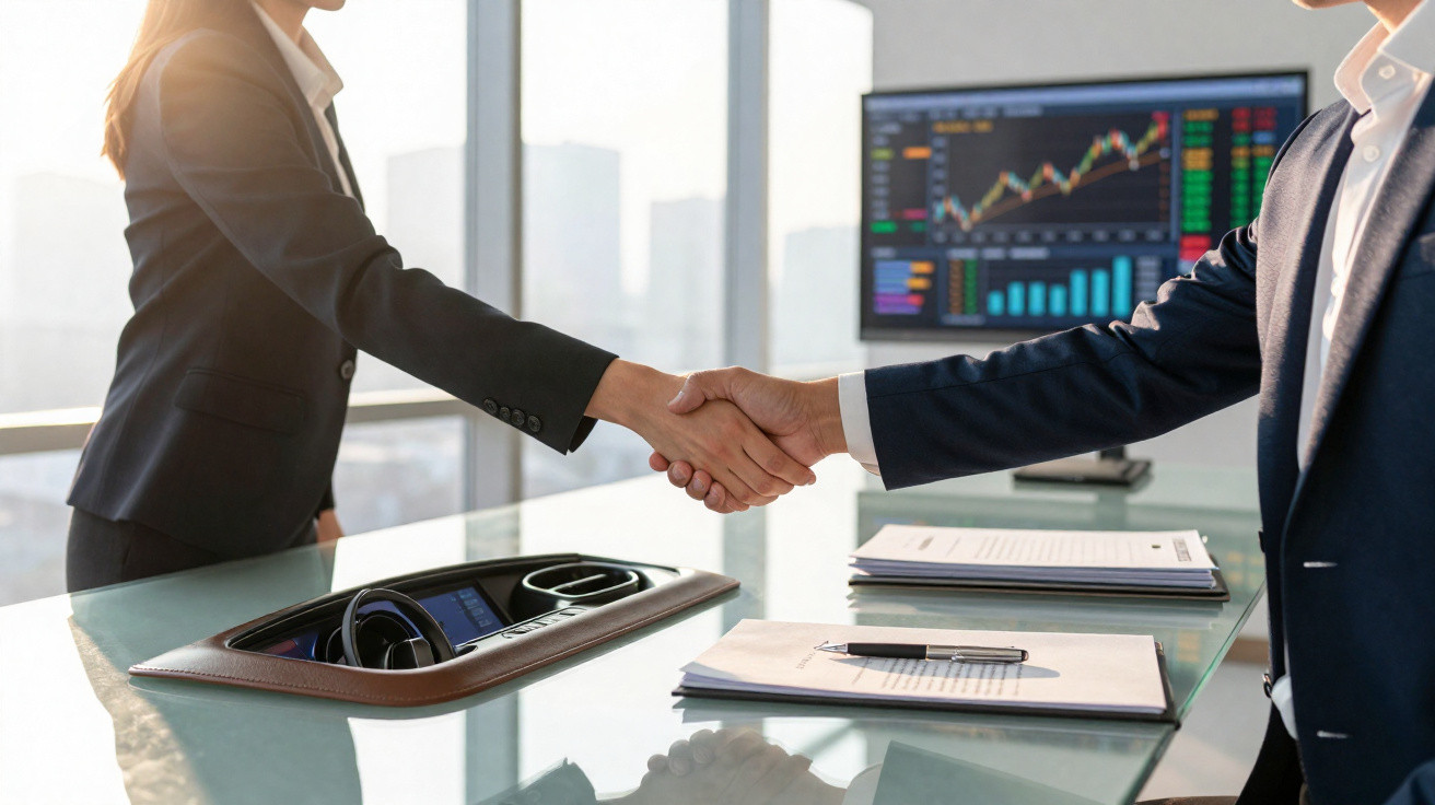 Duas pessoas vestindo roupas formais apertam as mãos em escritório moderno com gráficos financeiros ao fundo.