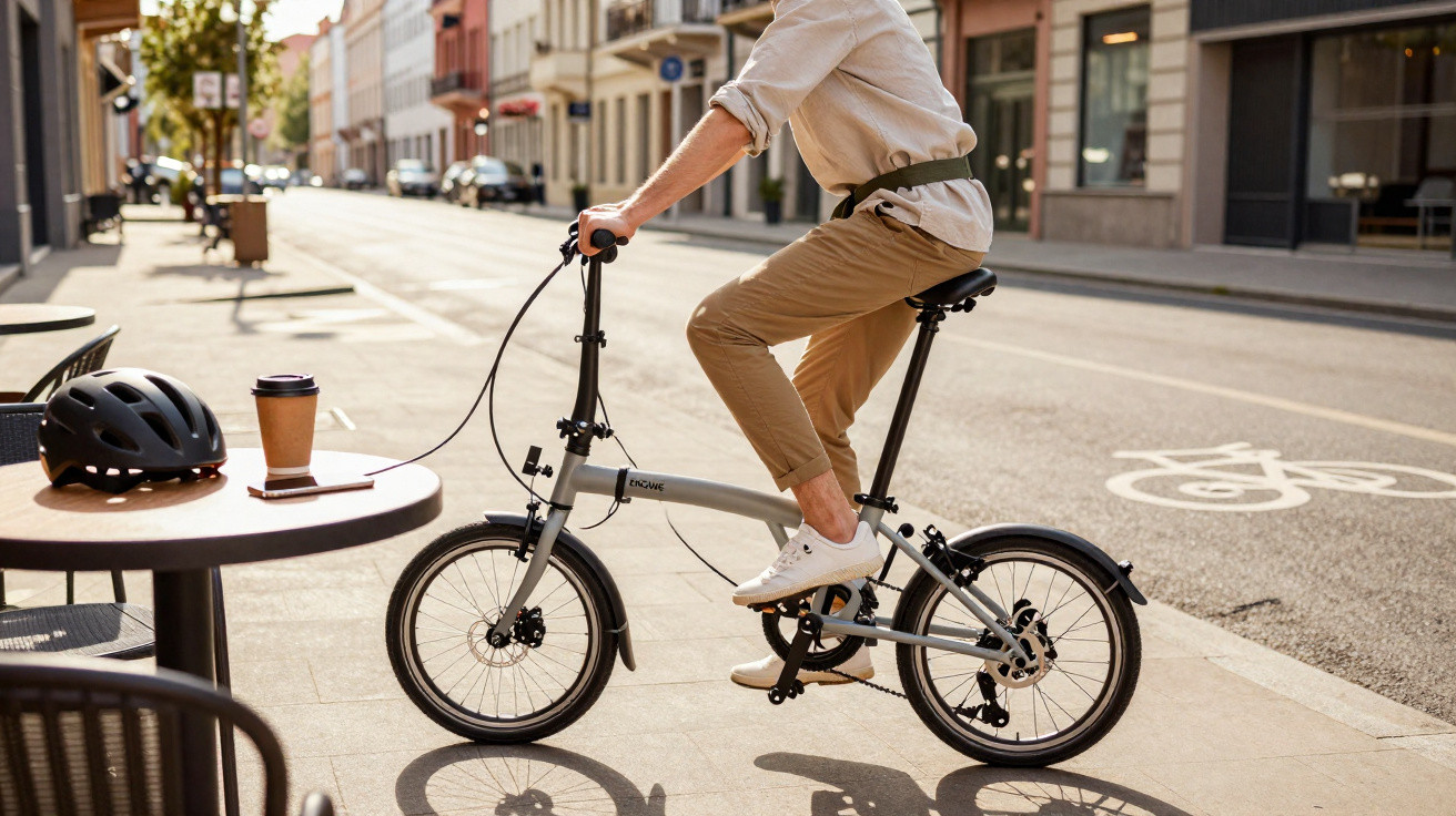 Pessoa andando de bicicleta dobrável cinza na calçada de rua com capacete e café em mesa próxima.