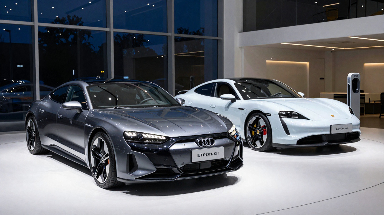 Dois carros elétricos esportivos em exposição: Audi E-Tron GT cinza e Porsche Taycan branco em ambiente moderno.