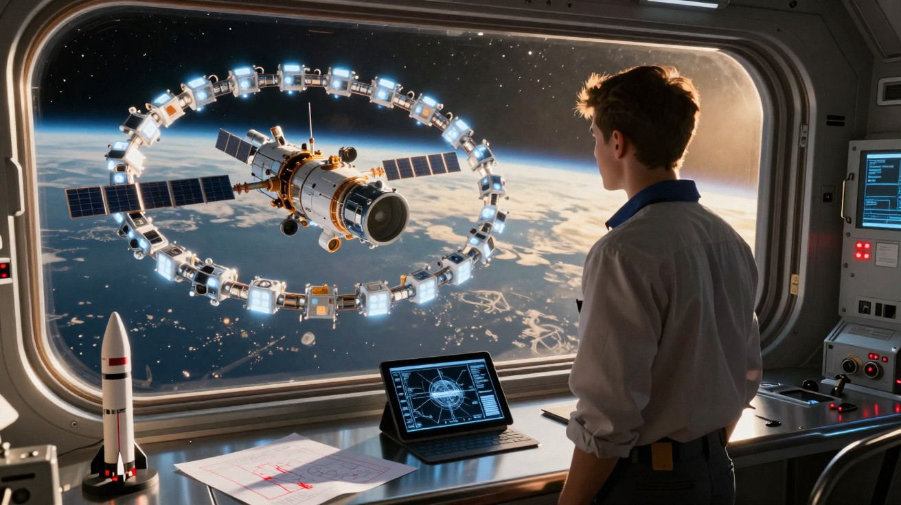 Jovem observa estação espacial futurista em órbita da Terra através da janela de nave espacial.