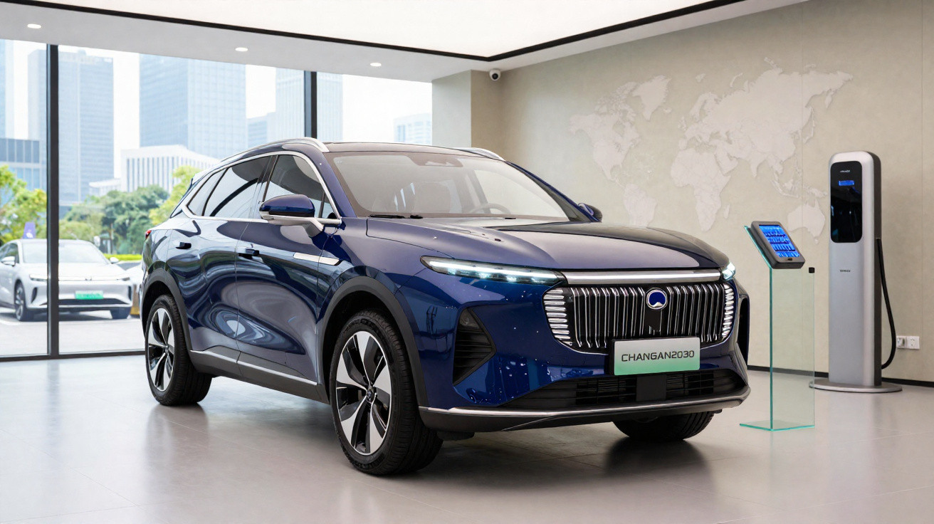 SUV elétrico azul estacionado em showroom moderno com estação de carregamento ao lado.