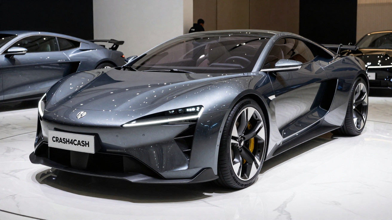 Carro esportivo cinza escuro com design aerodinâmico exposto em salão de automóveis.