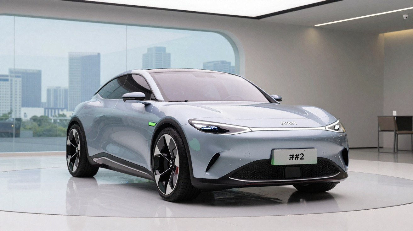 Carro esportivo elétrico cinza estacionado em ambiente moderno com vista para cidade ao fundo.