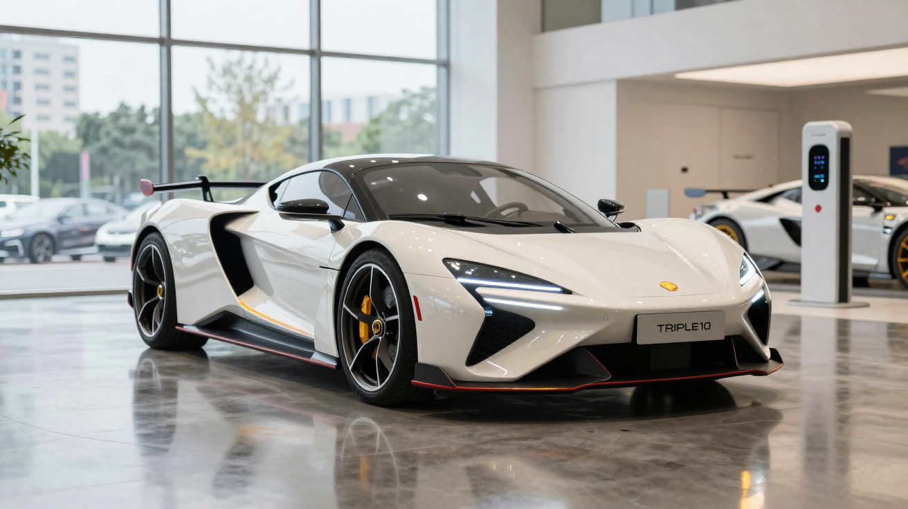 Carro esportivo branco com detalhes pretos e amarelos em showroom moderno com piso refletivo.