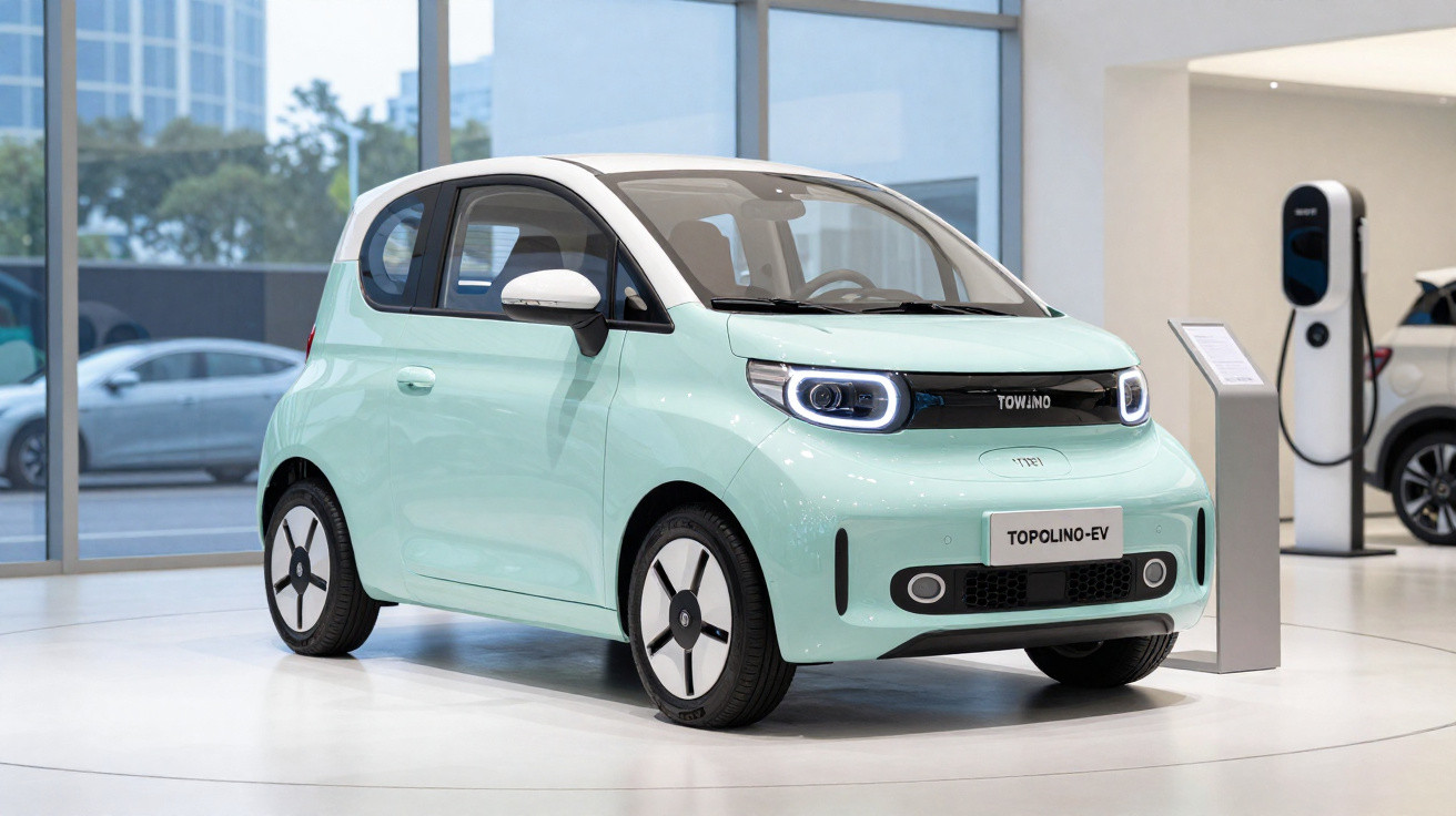 Carro elétrico compacto Topolino-EV verde água exibido em showroom moderno.