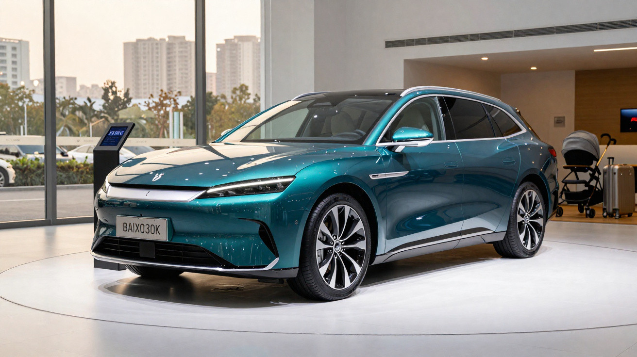 Carro elétrico azul estacionado em exposição dentro de showroom moderno com janela ampla ao fundo.