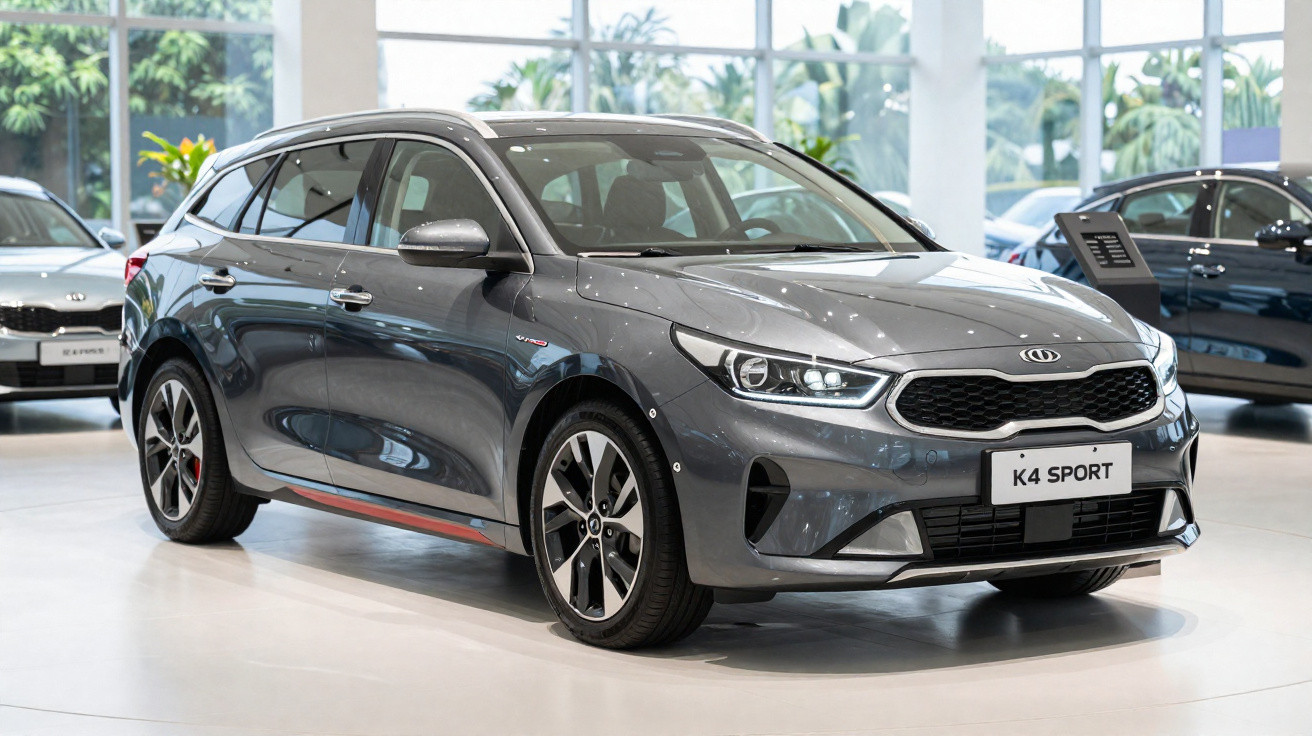 Carro Kia K4 Sport cinza, SUV exposto em showroom moderno com piso branco e iluminação natural.