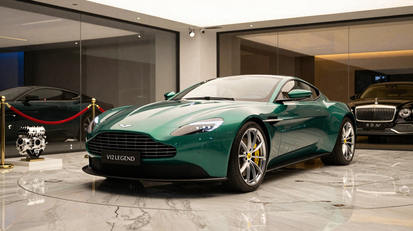 Carro esportivo verde Aston Martin V12 Legend exibido em showroom luxuoso com piso de mármore.