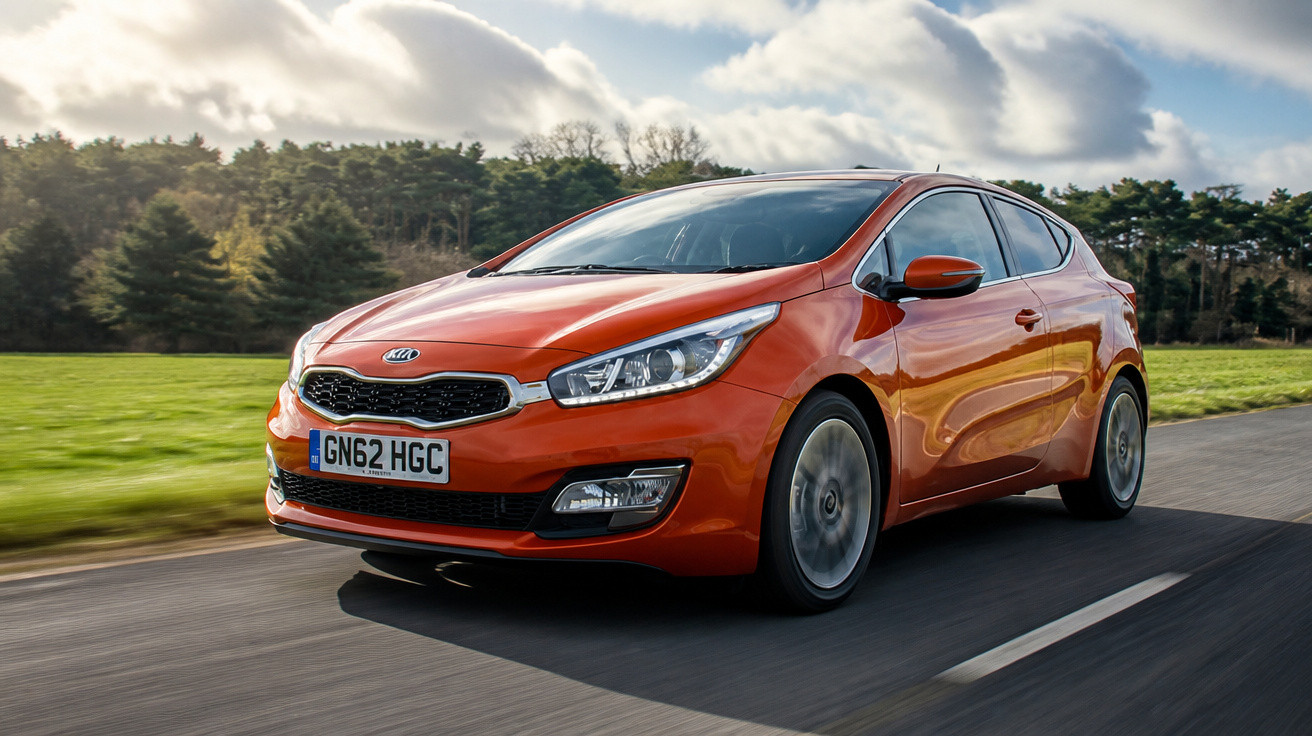 Carro hatchback Kia laranja trafegando em estrada asfaltada com gramado e árvores ao fundo.