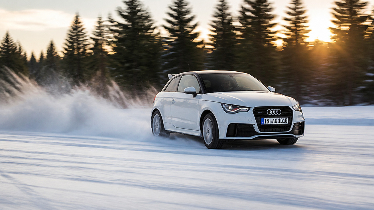 Carro Audi branco em alta velocidade na neve com árvores ao fundo ao pôr do sol.