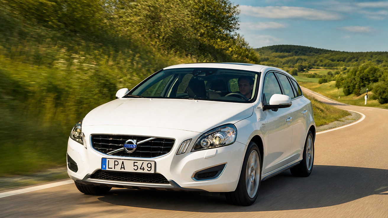 Carro Volvo branco em estrada sinuosa cercada por vegetação e colinas ao fundo em dia ensolarado.
