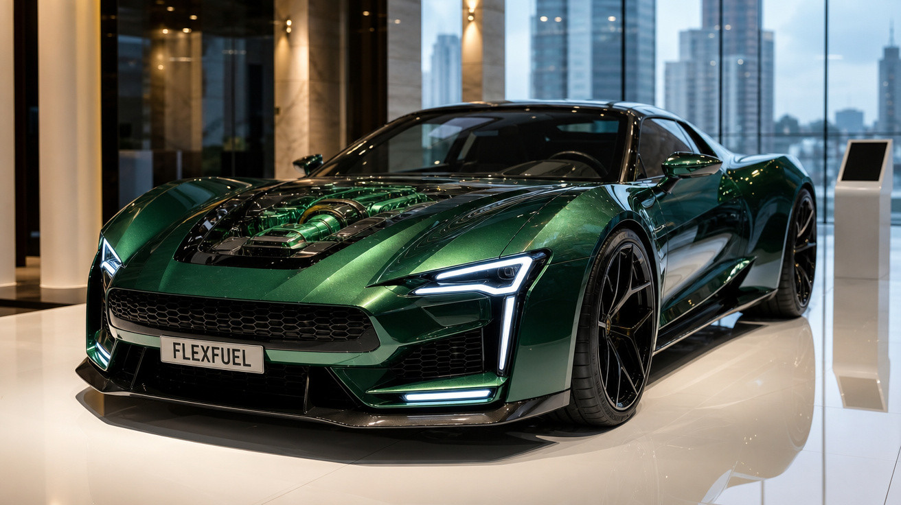 Carro esportivo verde metálico com motor exposto no capô, exibido em ambiente moderno e iluminado.
