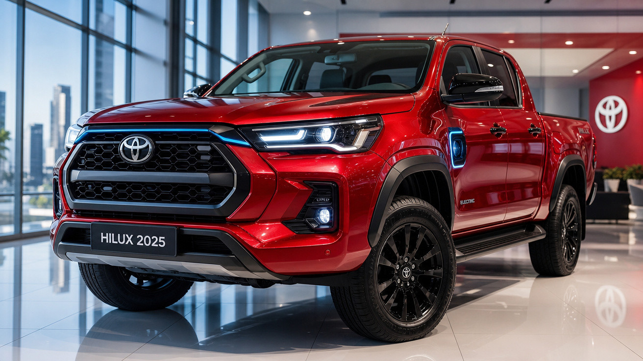 Toyota Hilux 2025 vermelha exibida em showroom moderno com iluminação interna e logo da marca ao fundo.