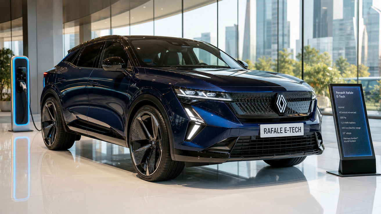 Carro elétrico Renault Rafale E-Tech azul exibido em showroom moderno com carregador ao fundo.