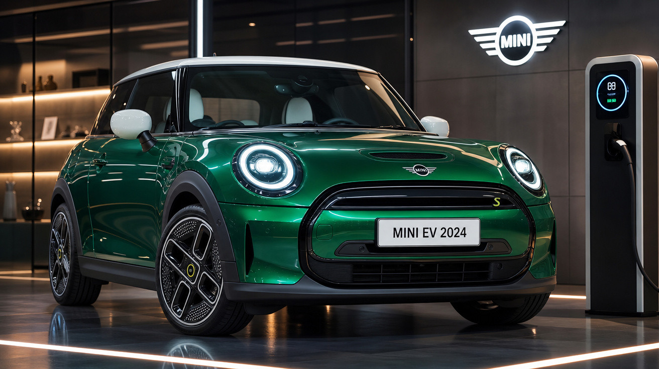 Mini EV 2024 verde com teto branco em showroom, perto de estação de carregamento elétrico.