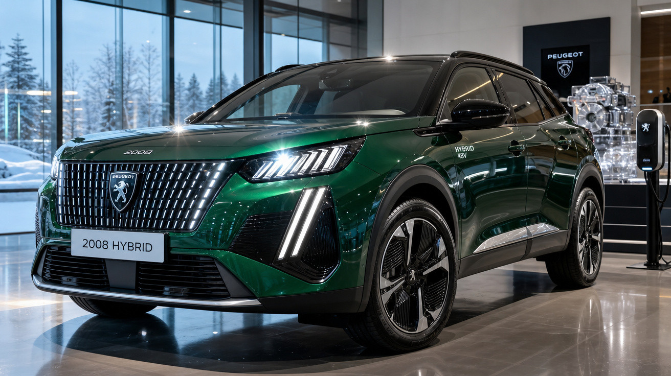 SUV Peugeot 2008 Hybrid verde em exposição na concessionária com carregador elétrico ao lado.