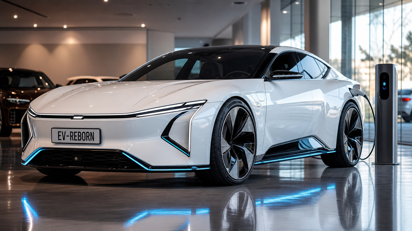 Carro elétrico branco moderno com design futurista conectado a estação de recarga em ambiente interno.