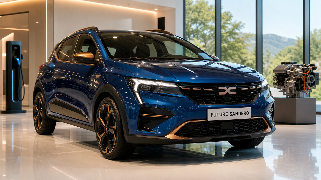 Carro azul Future Sandero em exposição interna com motor e parede de vidro ao fundo.