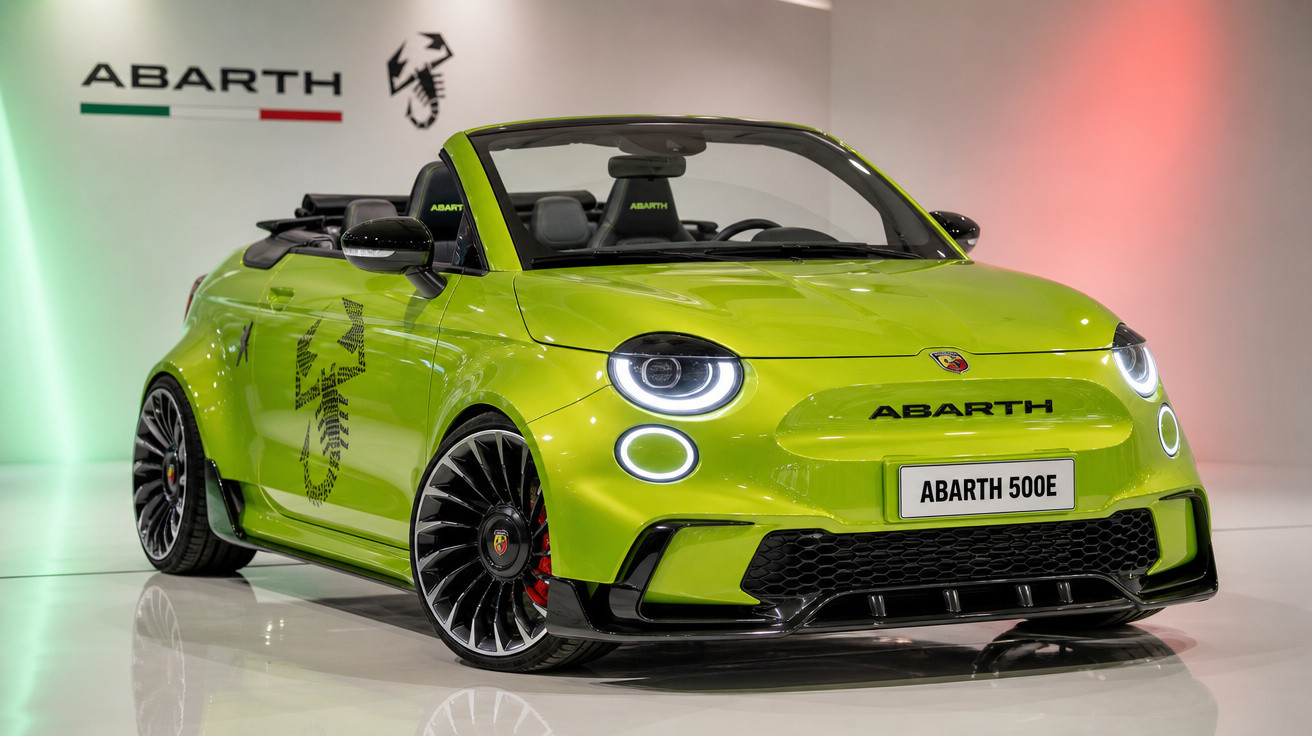 Carro esportivo conversível Abarth 500E verde com faróis circulares em exposição com iluminação verde, branca e vermelha.