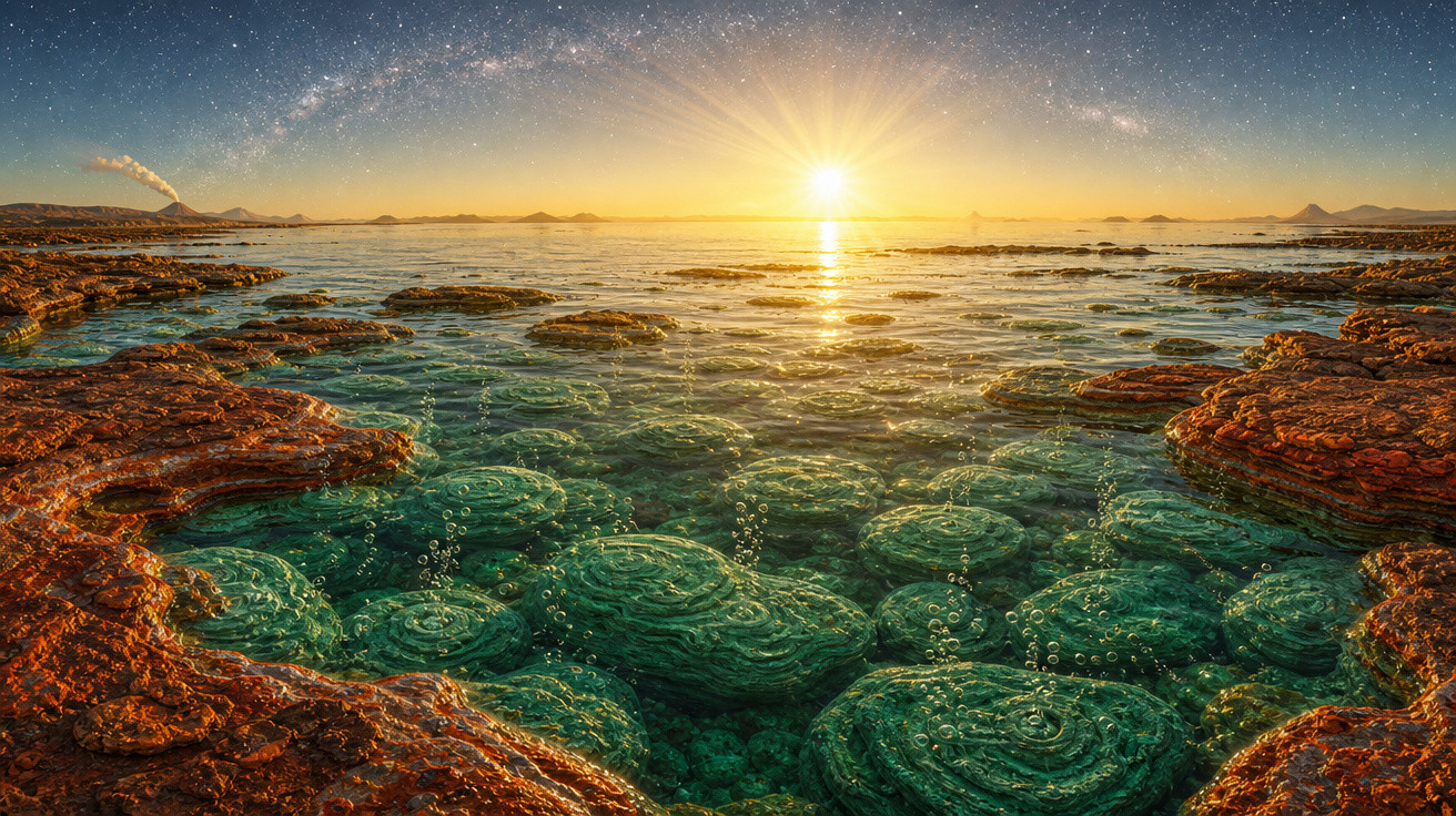 Lago cristalino com formações rochosas submersas e bolhas, pôr do sol e céu estrelado no horizonte.